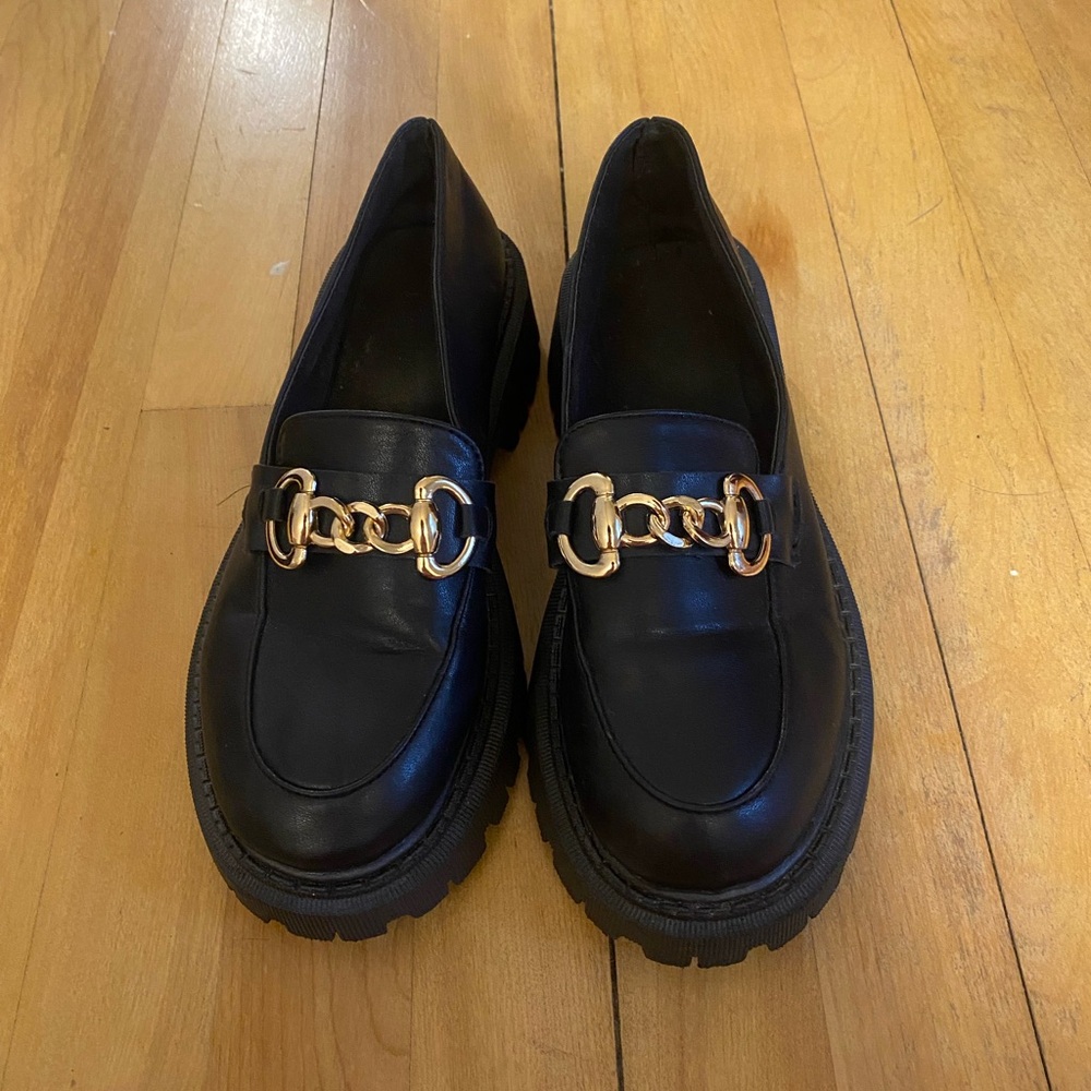 Black Loafers with Gold Chain Detail